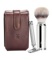 Kit Viaje Brocha Fibra Sintética y Maquinilla Clásica Mühle Piel Marrón