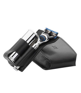 Estuche Viaje Brocha Silvertip Fibre y Maquinilla Fusion Mühle Piel Negra - 2