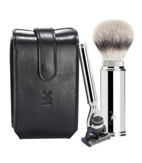 Estuche Viaje Brocha Silvertip Fibre y Maquinilla Fusion Mühle Piel Negra - 1