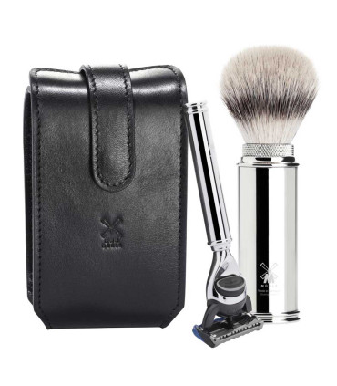Estuche Viaje Brocha Silvertip Fibre y Maquinilla Fusion Mühle Piel Negra - 1