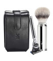 Estuche Viaje Brocha Silvertip Fibre y Maquinilla Fusion Mühle Piel Negra