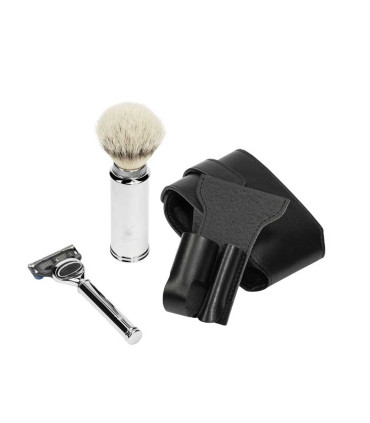 Estuche Viaje Brocha Silvertip Fibre y Maquinilla Fusion Mühle Piel Negra - 4