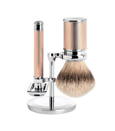 Set Afeitado Mühle Brocha Tejón Punta Plata y Maquinilla Peine Abierto Oro Rosa Tradicional - 1