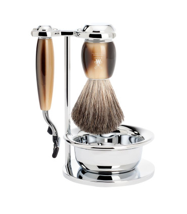 Set Afeitado Mühle Brocha Tejón Puro, Maquinilla Gillette Mach3 y Bol Cuerno Marrón - 1