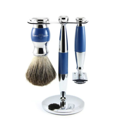 Set Afeitado Azul/Cromado Brocha Sintética, Maquinilla Clásica y Soporte Edwin Jagger - 1