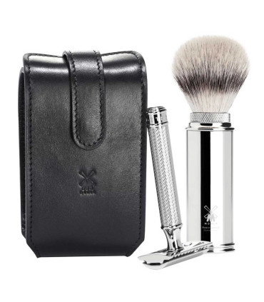Set Viaje Brocha Sintética y Maquinilla Clásica Mühle Piel Negra - 1