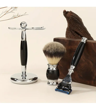 Set de Afeitado Brocha Sintética, Maquinilla Mach3 y Soporte Negro SensaBien - 3