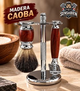 Set de Afeitado Brocha Tejón, Maquinilla y Soporte Caoba SensaBien - 1