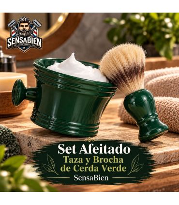 Set Afeitado Taza Verde y Brocha Cerda SensaBien - 1