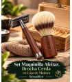 Set Maquinilla Afeitar, Brocha Cerda en Caja de Madera SensaBien