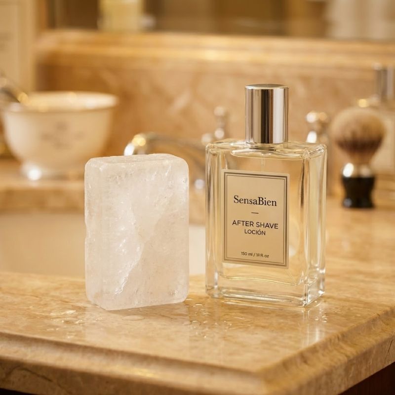 Piedra de alumbre natural y loción after shave sobre superficie húmeda - Cuidado post-afeitado