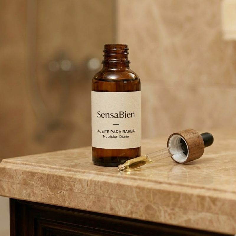 Aceite para barba premium en frasco de cristal ámbar con dosificador sobre superficie de mármol - Hidratación SensaBien