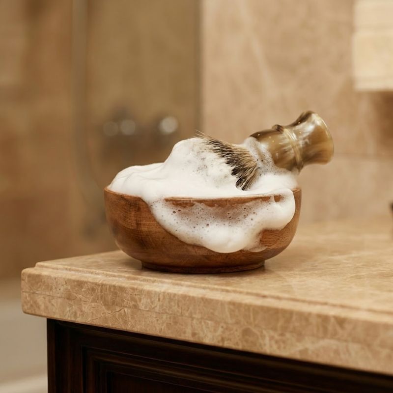 Bol de madera con espuma de afeitado densa y brocha clásica sobre mármol - Jabones SensaBien