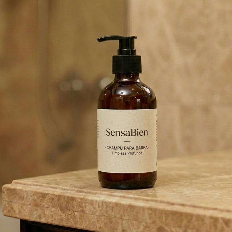 Botella de champú para barba SensaBien con dosificador para una limpieza profunda en baño de lujo