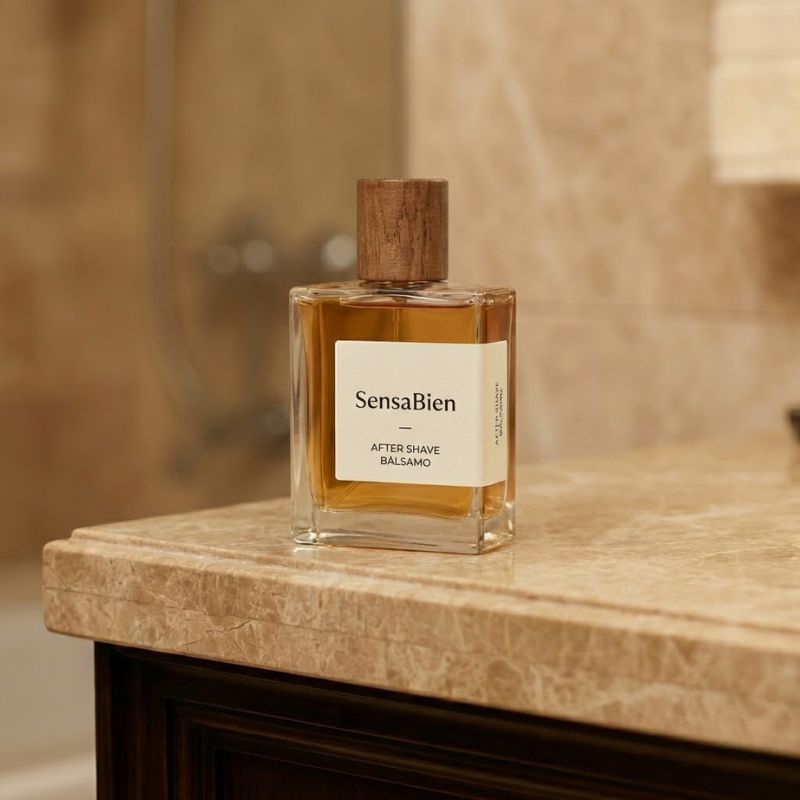 Frasco de cristal cuadrado con tapón de madera de After Shave Bálsamo SensaBien sobre superficie de mármol en baño de lujo