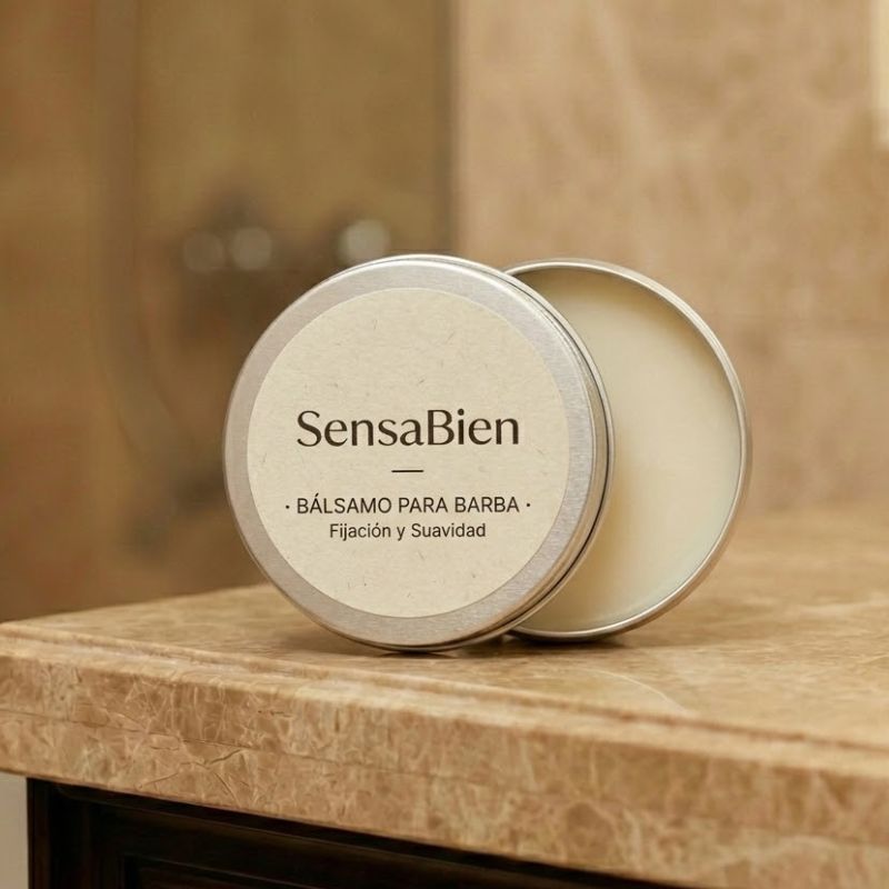 Lata de aluminio de bálsamo para barba SensaBien para fijación y suavidad sobre superficie de mármol