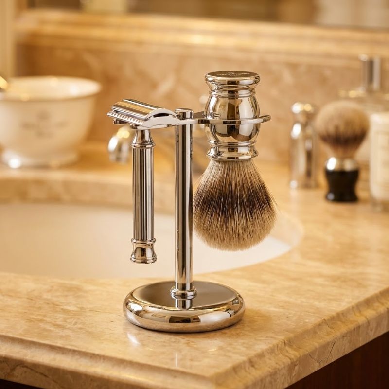 Soporte cromado con maquinilla clásica y brocha de tejón en baño de lujo - Accesorios SensaBien